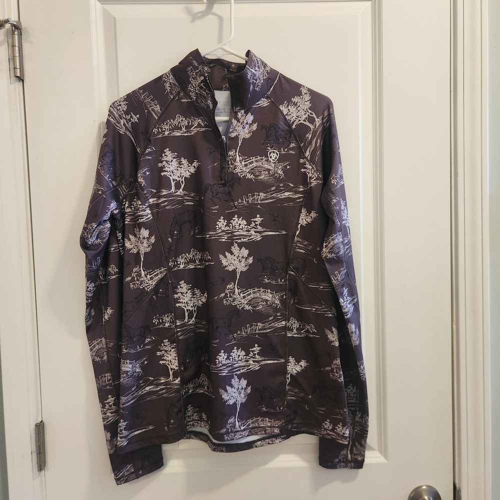 Ariat Women Brown Equestrian Toile Sun Stopper Quarter Zip Base Layer Top L